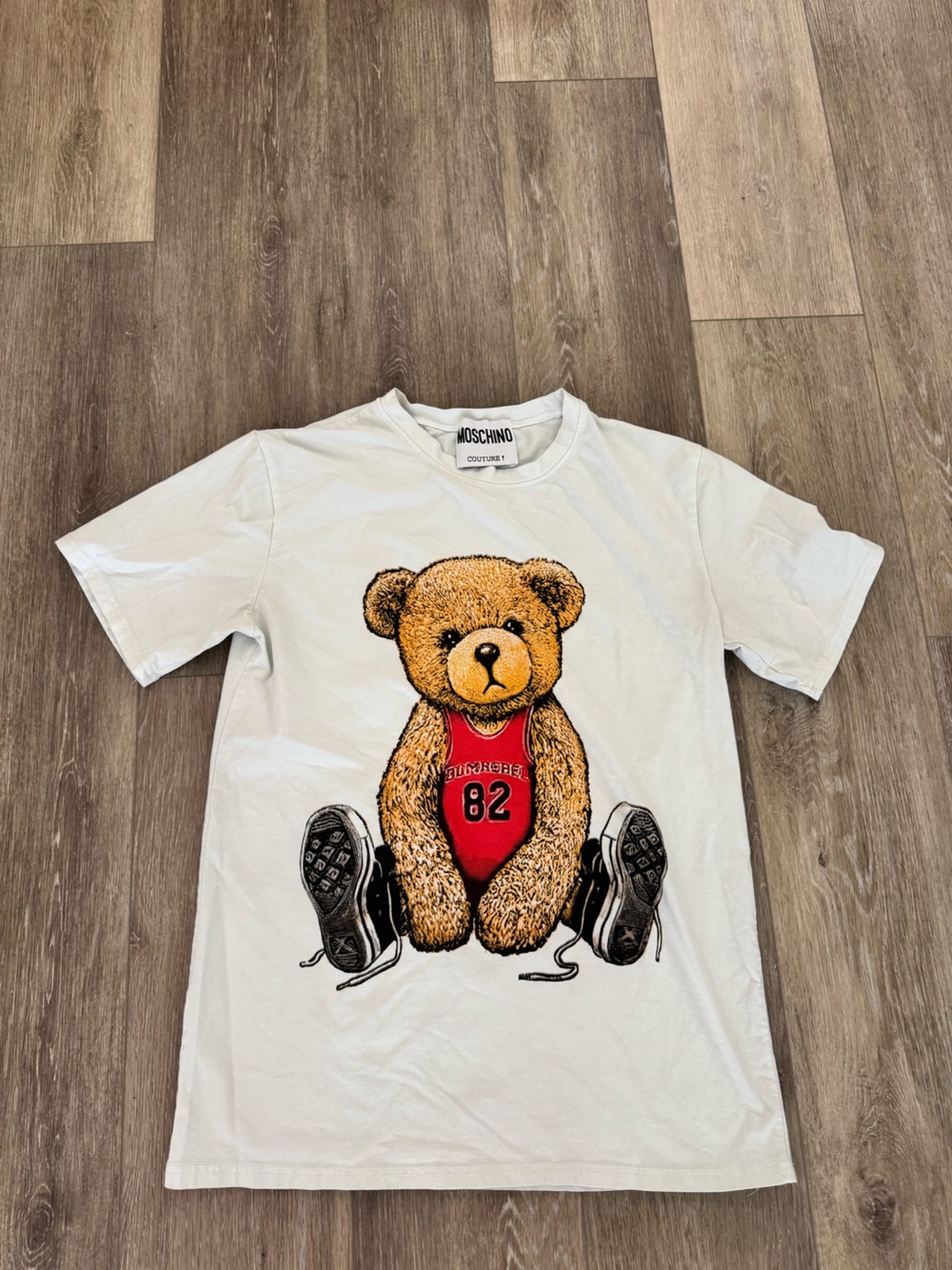 Moschino Kids White Tee with Brown Teddy and Red Jersey